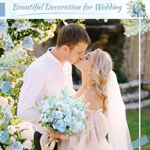 Zeyune 8 Pcs 13.4 Inch Artificial Flowers Bouquet Fake Silk Flowers Faux Bouquet Hydrangea Bouquets for Wedding Birthday Table Centerpieces Home Office Decoration (Peony,Blue) - color: Blue, size: Peony