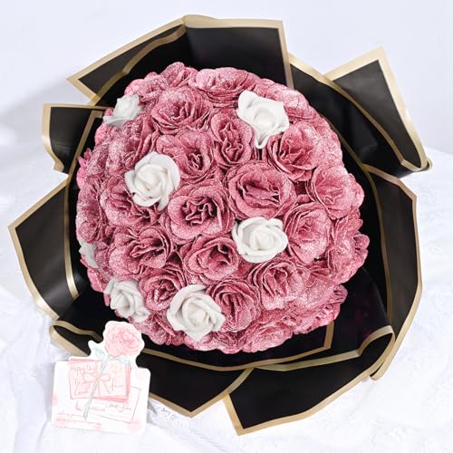 36+20 Glitter Roses Bouquet, DIY Fake Flowers Bouquet, Craft The Initials of Your Loves' Name with Artificial Rose for Valentines, Anniversary, Wedding, Rose Gold & White - color: Rose Gold & White