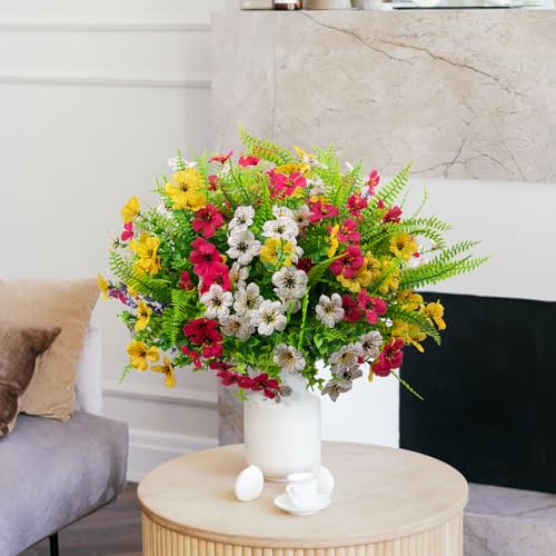 12 Bundles 6 Styles Artificial Flowers for Outdoors, Fake Plants Flower UV Resistant No Fade Colorful Flowers Plastic Plants Daisy Lavender Boston Fern Faux Greenery for Outside Garden Porch Decor - color: White&yellow&rose Red, size: 12PCS