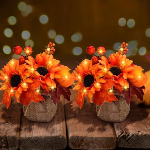 9 Inch Fall Decorations for Home 2 Pack Sunflowers Artificial Flowers with 40 LEDs Potted Autumn Leaves Pumpkin Fall Centerpieces for Tables Shelf Farmhouse Party Thanksgiving Decorations