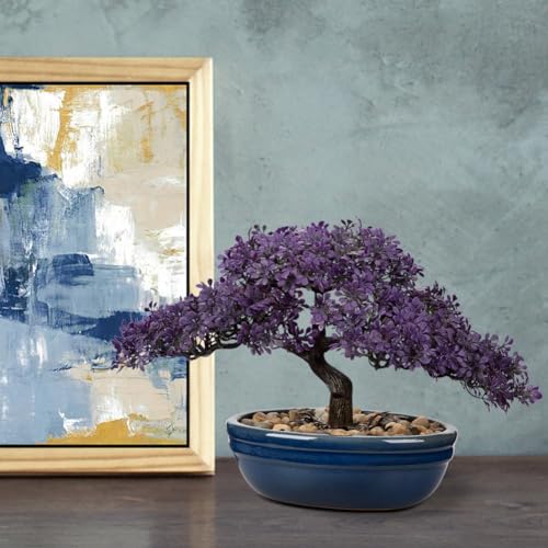 Artificial Bonsai Tree Juniper Faux Plants Indoor Fake Plants Decor with Blue Ceramic Pots for Home Table Office Desk Bathroom Shelf Bedroom Living Room Farmhouse Decorations - style: 9" Purple Ficus