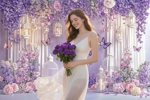 10X8ft Purple Butterfly Floral Backdrop for Photography Butterfly Flowers Theme Girls Party Decorations Background Wedding Birthday Baby Shower Party Cake Table Decor Photo Booth Props - color: Multi, size: 10x8ft