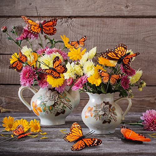 24 Pcs Monarch Butterfly Decorations 4 Size Artificial Monarch Feather Fake Butterfly Picks Crafts with Wire for Wall Flower Pot Spring Floral Party Home Decor(Orange) - color: Orange