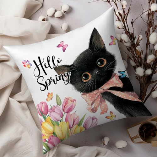 Fokongna Hello Spring Black Cat Pillow Covers 18 x 18 Inch, Cats Lovers Lady Gifts Cat Elder ister, Younger Sister, Mother Gifts, Floral Cats Decorative Pillow Covers Spring Summer Couch Pillowcase - color: Hello Spring