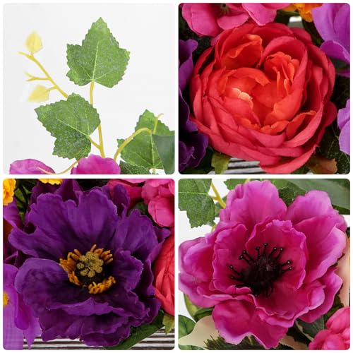 DILATATA Flower Arrangement with Wooden Vase 10" Artificial Flowers in Pot - Fake Flowers in White Rectangular Wooden Vase Potted Faux Flower Centerpieces for Table Decor Living Room - Purple - color: 11"l Purple
