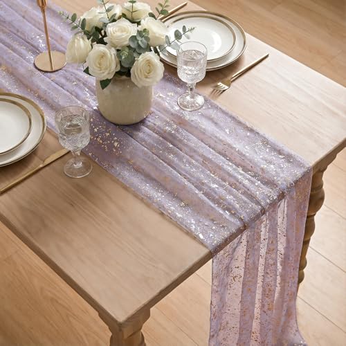 Artoid Mode Grayish Purple Gold Gauze Table Runner 120 Inch 10FT, Glitter Metallic Foil Sheer Dining Wedding Anniversary Holiday Birthday Table Decor for Home Party - color: Grayish Purple, size: 28" x 120"