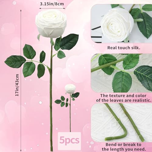5Pcs White Real Touch Silk Flowers - Lifelike Roses Peony | Lifelike White roses & peonies with soft latex touch, no watering needed. Perfect for wedding bouquets, home decor & DIY - color: White