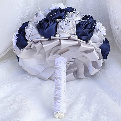 Bridal Wedding Bouquet with Rhinestone Brooch Pearl Bouquet for Bride Bridesmaid Quinceanera Satin Rose Flower Bouquet Wedding Navy Blue and Silver Grey 8.7in - color: Navy Blue and Silver (Standard Size: Dia.8.7")
