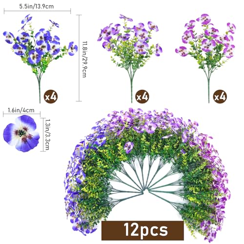 Artificial Pansies Flowers for Outdoor Faux Flower Spring Summer Decor, 12 Bundles Realistic Fake Silk Flowers Outside UV Resistant for Porch Patio Garden Home Yard Window Orchid Purple Lilac - color: Orchid Purple Lilac