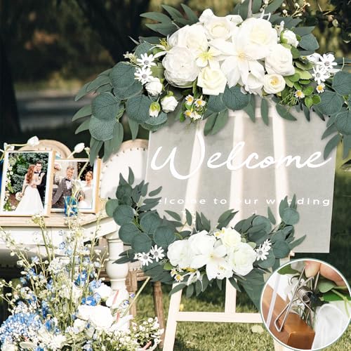 Wedding Arch Flowers 2 Pack, Artificial White Roses and Greenery Swag for Welcome Sign Decorations, Ceremony Backdrop, Reception Arch Decor - color: White