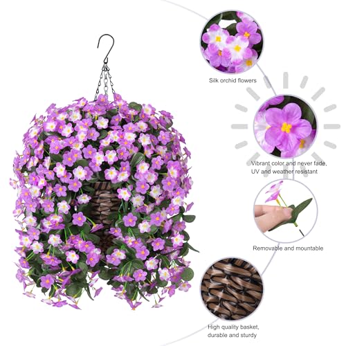 HyeFlora Artificial Fake Hanging Flowers with Basket for Outdoor Decoration,UV Resistant Faux Silk Daisy Flowers Light Fuchsia Orchid Vines in Planter Realistic Hanging Baskets for Home Porch Garden - color: Fuchsia+light Fuchsia Daisy
