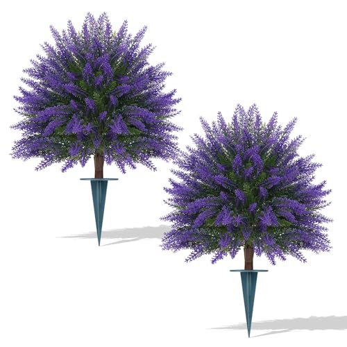 Artificial Lavender Topiary for Outdoors 2 Set of 16'' UV Resistant Evergreen Fake Shrubs Bushes with Ground Spike Topiary Ball Faux Plants for Outdoor Indoor Front Porch Garden - color: Lavender