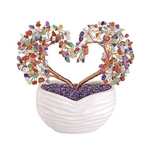 Jovivi 7 Chakra Healing Crystal Heart Money Tree Healing Gemstone Bonsai for Wedding Ceremony Reiki Balancing Energy Meditation Feng Shui Wealth & Good Luck Home Indoor Office Decor 7.87"-8.26" - color: 7 Chakra