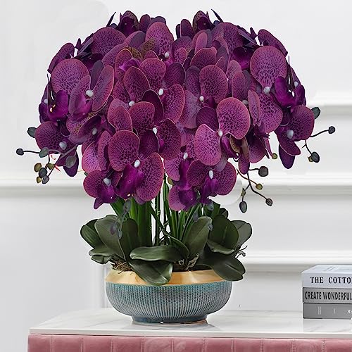FagusHome 32" Artificial Phalaenopsis Flowers 4 Pcs with 2 Bundles Leaves Artificial Orchid Flowers Stem Plants Fake Butterfly Phalaenopsis Flowers for Home Wedding Party Décor (Purple Piebald) - color: Purple Piebald
