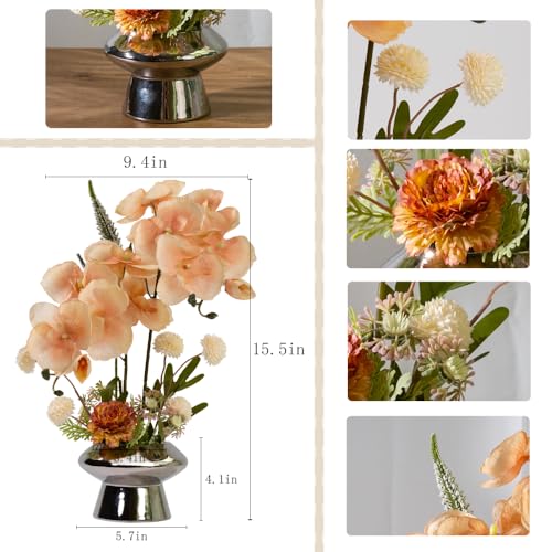 LESING Orchids Flowers Arrangement in Pot,Fake Silk Orchid Artificial Flower with Ceramic Vase Faux Orchid Flower Bonsai Vivid Phalaenopsis Flowers Potting Decoration (Silver Vase,Light Coffee) - color: Silver Vase,light Coffee