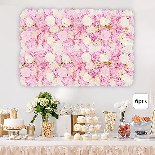 Artificial Flower Wall Panels, 6PCS Dahlia+Rose+Hydrangea Wedding Flower Wall, 3D Floral Panels Artificial Floral WallMat Flower Screen for Photo Party Wedding WallBackground Decor, White+Pink - color: 6 Pcs Pink+white