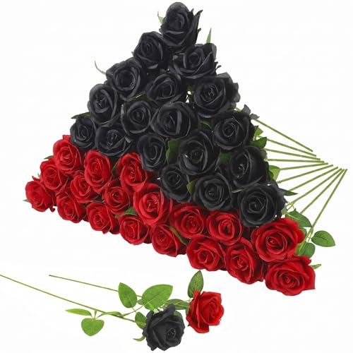 36 Pcs Silk Black Red Rose Bouquet Bridal Artificial Flowers,Fake Rose Long Stem Realistic Artificial Flowers Bulk for Wedding Bouquet Ball Arrangement Centerpiece Party Decor - color: Black, Red