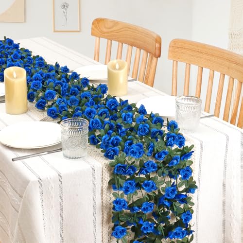 KHOYIME 9 Pack 72 FT Artificial Flower Garland, Fake Blue Roses Vines Silk Flowers Faux Plastic Outdoor Hanging Floral Ivy Garland Decoration for Wedding Arch Bedroom Home Wall Backdrop Room Decor - color: Blue, size: 9pcs