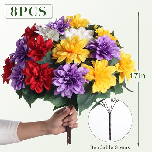 VIERENA 8 Bundles Artificial Dahlia Flowers for Outdoors Spring Summer Decor, No Fade Silk Flower Faux Dahlias Plant Arrangement for Home Garden Balcony Farmhouse（Mixed Color） - color: Mixed Color