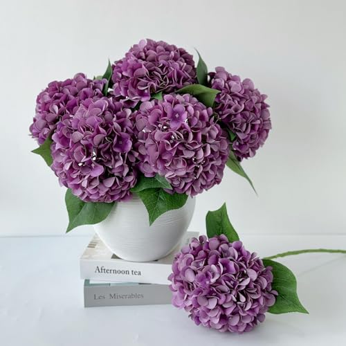 ZYTUYO 5 Pcs Dark Purple Silk Hydrangea Artificial Flowers - Boho Dried Touch 20'' Faux Hydrangeas for Fall Home Decor, Kitchen, Living Room, Porch Wreath, Xmas, Wedding Flower Arrangement - color: Dark Purple