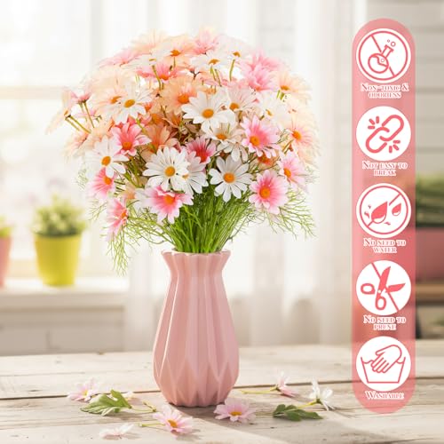 Giegxin 100 Pcs Artificial Daisy Flowers Bulk Realistic Fake Daisies Faux Wildflower Daisy UV Resistant Silk Fake Flowers Plants for Outside Wedding Garden Home Table Decor (White,Pink,Champagne) - color: White,pink,champagne