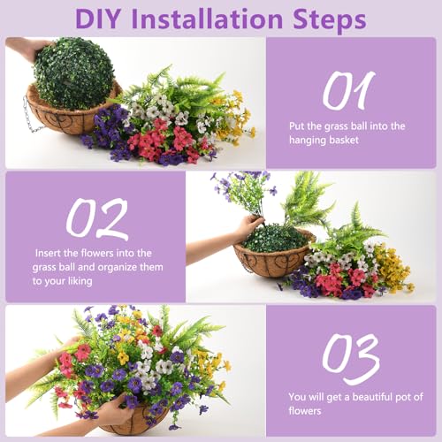 Artificial Flowers Hanging Baskets, Multicolor 12 Bundles Faux Flower with Ferns Outdoor Hanging Basket Spring Summer Decoration, Fake Flowers Plants for Porch Patio Balcony Home Yard Decor - color: Purple Rose Red White Yellow