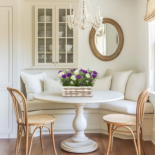 Artificial Rose Flowers with Woven Basket, Faux Roses in Fake Rattan Planter for Table Centerpiece, Romantic Floral Arrangement for Home Bathroom Office Desk Spring & Rustic Decor, Cream White Purple - color: Cream White & Purple