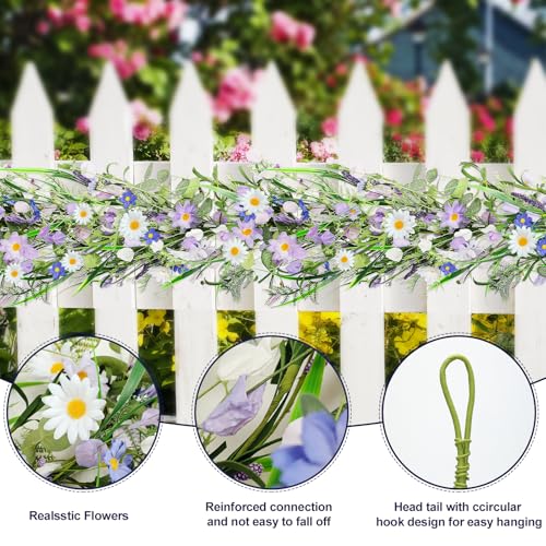 6ft Summer Daisy Garland with Flowers, Faux Daisy and Lavender Flower Garland Artificial with Floral Lanvender for Baby Shower Wedding Mantle Fireplace Table Centerpiece Decor - color: Lavender