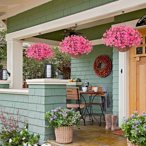 Artificial Faux Hanging Plants Flowers Basket for Outdoors Outside Spring Summer Decoration, Silk Pink Morning Glory in Planter UV Resistant Look Real Fake Flowers for Porch Patio Balcony Home Yard - color: Gradient Pink