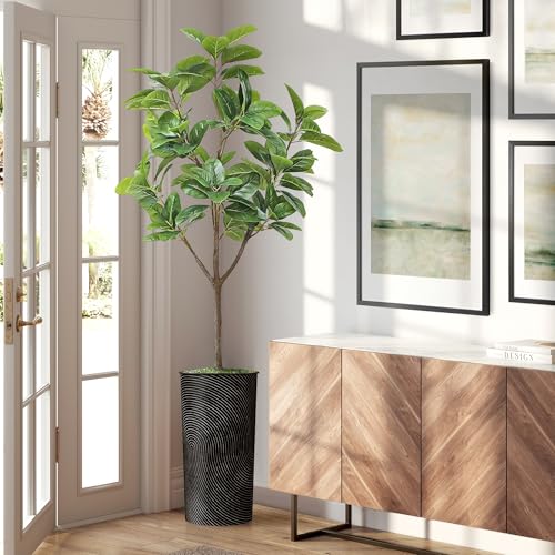 Artificial Tree in Geometric Spiral Pattern Planter, Fake Magnolia Tree for Indoor and Outdoor Home Decoration - 70" Overall Tall (Plant Pot Plus Tree) - style: Magnolia Tree