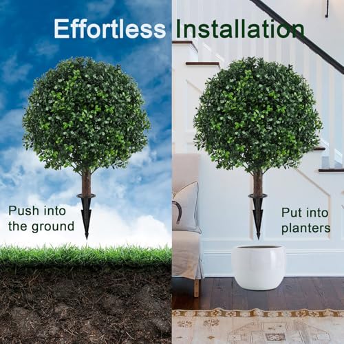 Chillchard Set of 2 Artificial Boxwood Ball Trees for Outdoor with Spike, UV Resistant Faux Topiary Ball, Fake Plants Greenery Round Shrubs Bushes for Entryway Front Porch Decor - color: Boxwood - 2pack - B