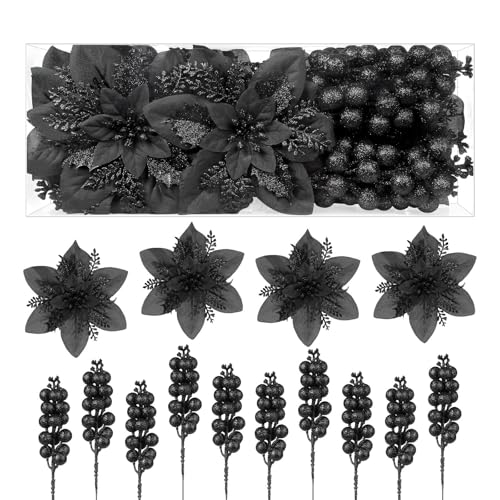 Alupssuc 24 Pieces Christmas Tree Decorations, 12 PCS Black Poinsettia Flowers Artificial and 12 PCS Glitter Christmas Tree Picks for Christmas Decorations Party Wreath Fireplace Stairs, Black - color: Black