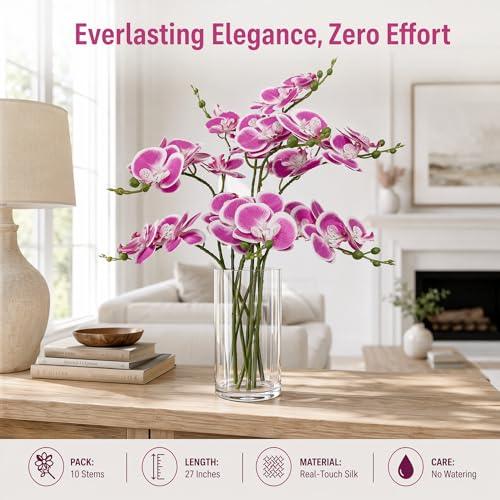 6 Purple Orchid Artificial Flowers Real Touch, 23'' Artificial Faux Realistic Latex Orchid Stem Bouquets, Fake Phalaenopsis Flower for Wedding Home Arrangement Décor (6, Rose red + White Edge) - color: Rose Red + White Edge
