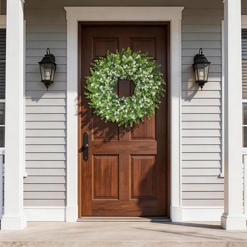 26" Artificial Eucalyptus Wreath with Baby's Breath for Front Door - Fake Eucalyptus Wreath, Spring Summer Faux Flowers Wreath for Porch, Farmhouse, Wall, Window, Home Decor (White-Green)