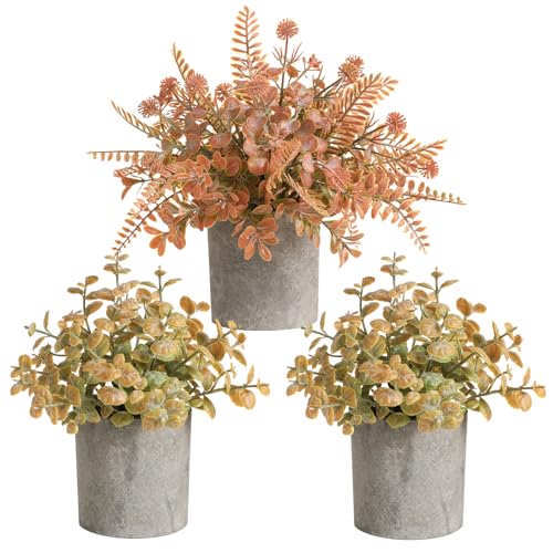 3 Pack Mini Orange Fake Potted Plants Artificial Plastic Eucalyptus Plants Fall Decor for Home, Office, Desk, Bathroom, Coffee Table & Shelf - color: Orange