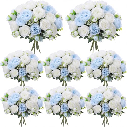 Geosar 8 Bundles Artificial Peonies Flowers Fake Silk Peony Bouquet Faux Peonies Flowers Bulk for Decoration Vase Floral Arrangements Wedding Party Table (Blue,White) - color: Blue, White