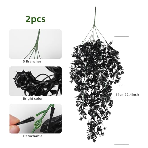 RECUTMS 2Pcs Artificial Black Hanging Flowers for Outdoors Decoration Fake Hanging Plants UV Resistant Plastic Greenery Vines Ivy for Halloween Gothic Home Porch Wall Garden Party Decor（Black） - color: Black-rose