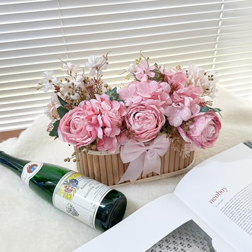 Dining Table Centerpiece Decor - Pre-Made Artificial Flower Arrangement Fake Floral with Wooden Vase for Farmhouse Kitchen Bathroom Living Room Decorations (Double Pink) - color: Double Pink