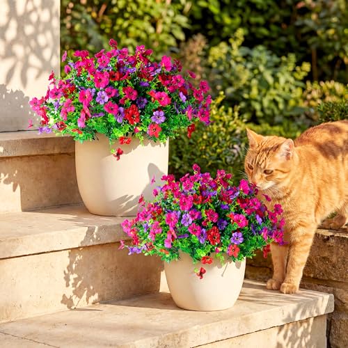 Artificial Flowers for Outdoors, Faux Plants 12 Bundles Silk Colorful Fake Flowers Eucalyptus Realistic UV Resistant for Outside Home Planter Porch Patio Yard Decor (12, Hot pink Red Purple) - color: Hot Pink Red Purple