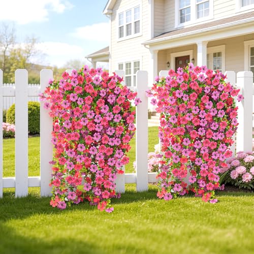 Artificial Hanging Flowers for Outdoors, 6PCS Faux Silk Artificial Flowers for Outdoors, UV Resistant Fake Flowers, No Fade Trailing Greenery, Decor for Home Porch Patio Balcony Garden Yard - color: Purple + Rose Red