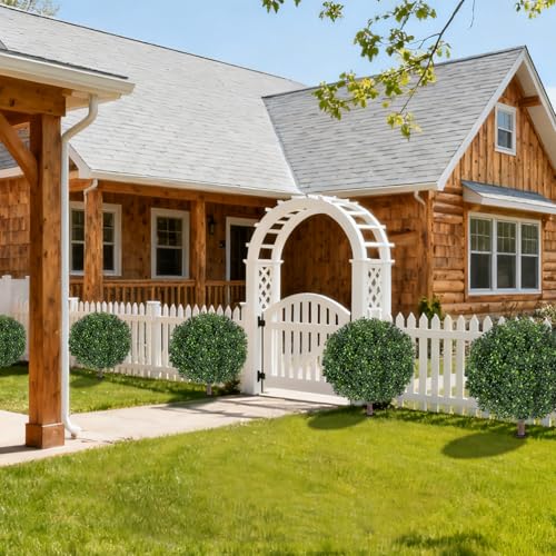 27.5" Artificial Boxwood Topiary Ball Tree, Set of 2 Fake Bushes Shrubs with Ground Spike, UV Resistant Faux Evergreen Boxwood Trees for Front Porch Planters Outdoor Garden Decor - color: Green-boxwood