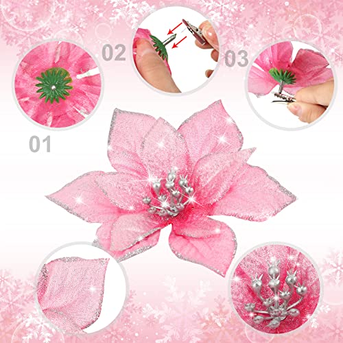 Geosar 100 Pcs 3 Size Christmas Poinsettia Flowers with Clips Glitter Artificial Flowers Small Christmas Tree Ornaments Faux for Xmas Party DIY Craft Wreath Garland New Year, 3/4/6 Inches(Pink) - color: Pink