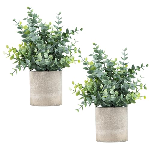 Coferset 2 Pack Small Fake Plants Eucalyptus Potted Artificial Plants for Shelf Desk Home Bathroom Farmhouse Room Coffee Table Decor (Sage Green) - color: Sage Green-small