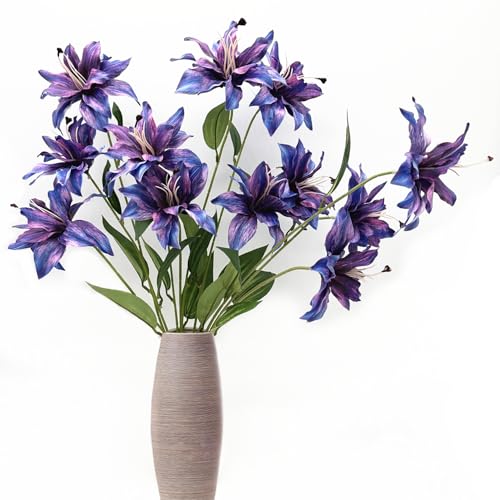 Artificial Lily Flowers, Fake Silk Flower Long Stem Artificial Stargazer Lilies with Full Bloom Faux Tiger Bouquets for Home Decor Wedding Party Hotel Floral Arrangement DIY Decoration – Purple 4 Pack - color: Lily Flowers - Purple 4 Pcs