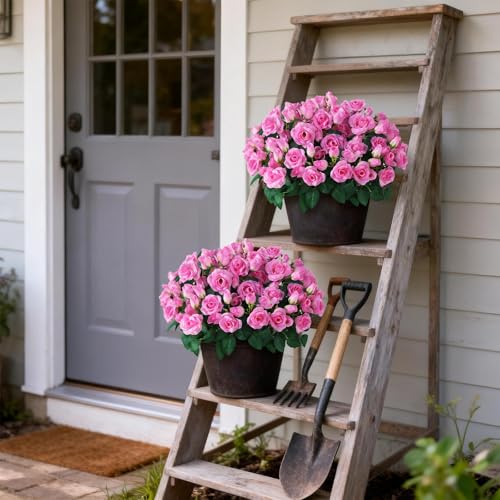 Juxdp 2 Set of Artificial Rose Topiary Trees - Faux Silk Flower Potted Plant, UV Resistant Fake Outdoor Rose Bush for Front Door, Farmhouse, Porch, Garden Decor (Pink) - color: Pink