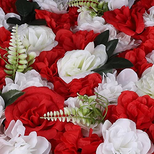 12 Pcs Artificial Flowers Wall Romantic Flower Wall for Background Decoration Silk Flower Roses Wall Panel Hanging Wedding Venue Main Road Decor Silk Flower Panels for Photo Backdrop (Red+White)