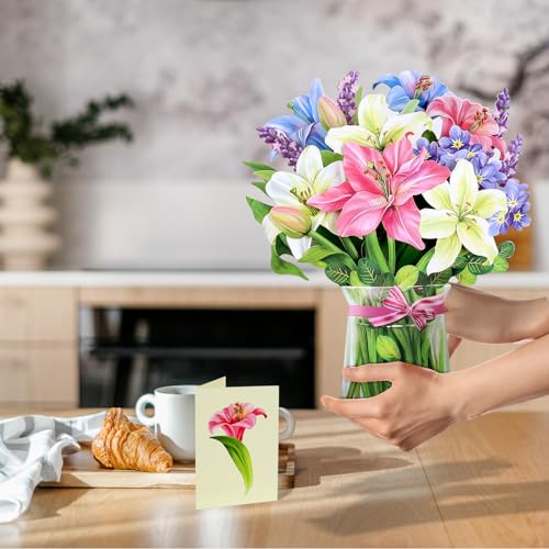 Airpark Pop Up Flower Cards, 3D Paper Flowers Bouquet Birthday Card 12’‘ with Blank Note and Envelope, Mother's Day, Get Well Greeting, Anniversary, Thank You, Easter Gifts Cards for Women Mom, Lillie - style: Lillies & Lupines