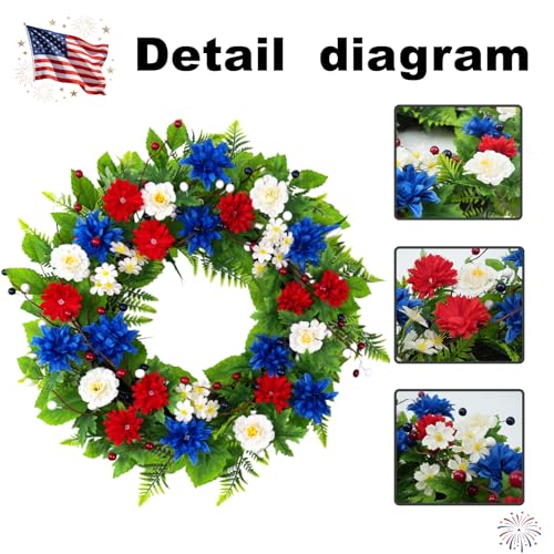 20 Inch Patriotic Wreath for Front Door, Red White Blue Flowers Wreaths with Silk Hydrangea, Daisy & Berry, USA 250th Anniversary Handmade Memorial Decorations, Americana for Porch Wall Window