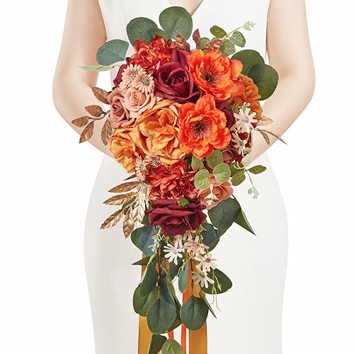 Serwalin 9.8 Inch Wedding Bouquets for Bride Bridesmaid, Orange Burgundy Dahlia Bridal Bouquets for Bride, Wedding Flowers Bouquet, Wedding Ceremony and Anniversary Decor - color: Abundant Orange Burgundy