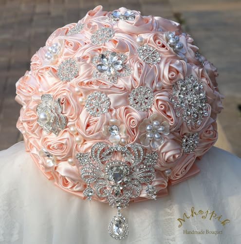 Bridal Wedding Bouquet Round Bling Brooch Bouquet Artificial Rose Flower Bunch for Bride Bridesmaid Wedding Quinceanera(Light Salmon Pink, 9.8") - color: Light Salmon Pink, size: Large (Dia. 9.8"/25cm)